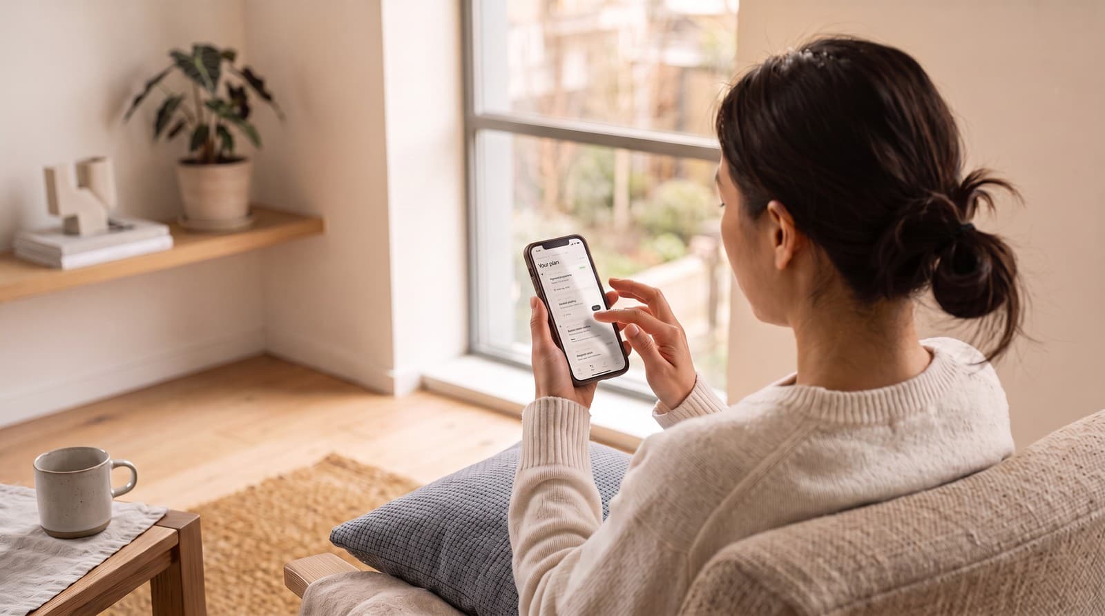 Patientin liest ihren Behandlungsplan auf dem Handy